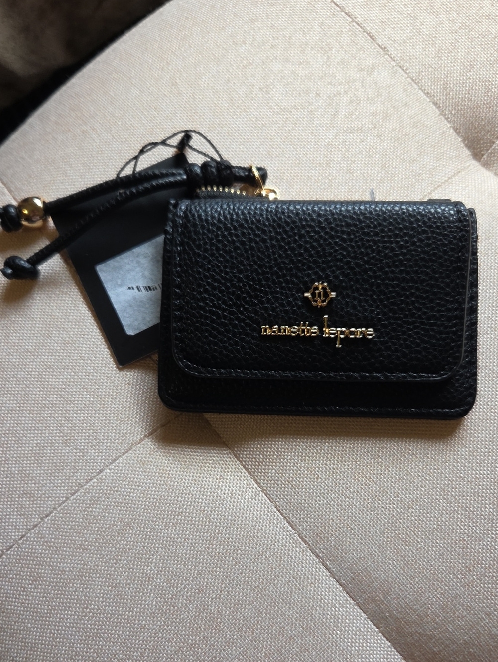 Nanette Lepore Black Pebbled Leather Mini Wallet with Gold Logo